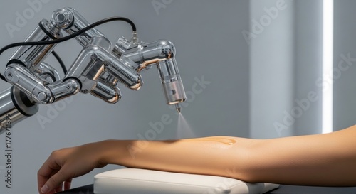 Robotic arm spraying liquid onto caucasian woman arm for beauty treatment. Automation and advanced technology in cosmetology and skincare concept.