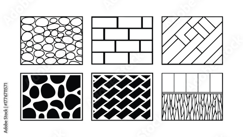 CAD Texture Patterns Collection with Stone, Pebble, Gravel, Wood, and Soil Symbols, Clean Architectural Hatch Set for Landscape Design, Floor Plans, and Technical Drawings