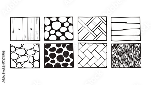 CAD Texture Patterns Collection with Stone, Pebble, Gravel, Wood, and Soil Symbols, Clean Architectural Hatch Set for Landscape Design, Floor Plans, and Technical Drawings