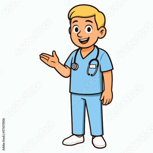 Cheerful cartoon male nurse in blue scrubs with stethoscope, gesturing to show or explain, medical professional.