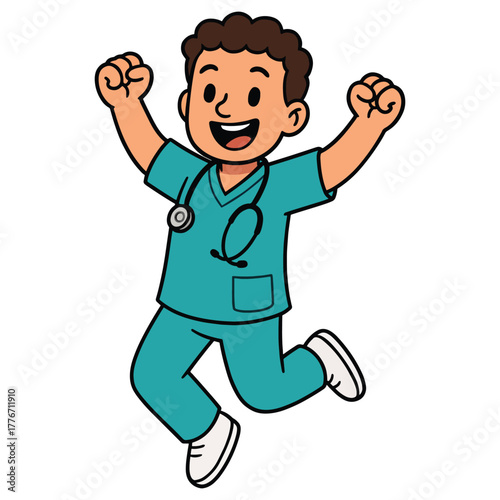Excited cartoon medical professional jumping in teal scrubs with stethoscope, celebrating success or good news!