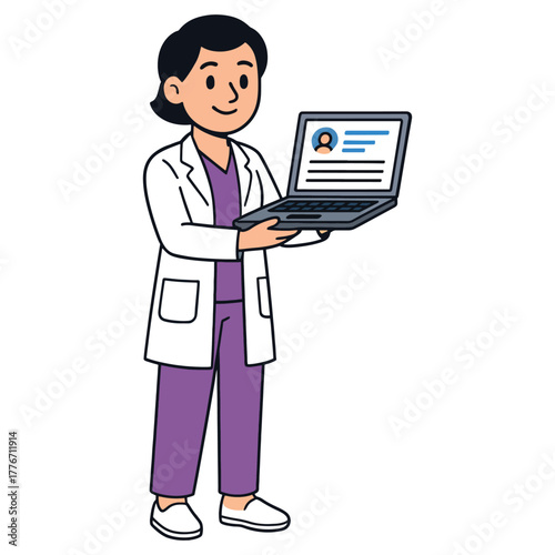 Smiling female medical doctor nurse in lab coat and scrubs holding a laptop computer with patient profile on screen.