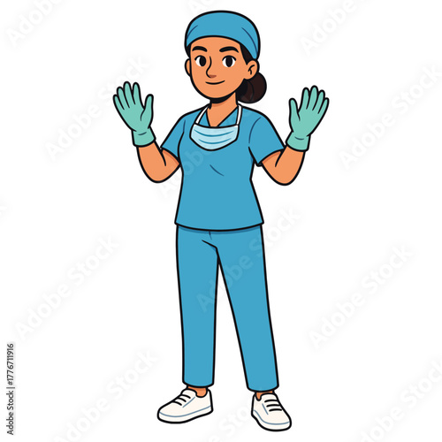 Female healthcare worker cartoon illustration with scrubs, cap, mask, and gloves, making a welcoming gesture