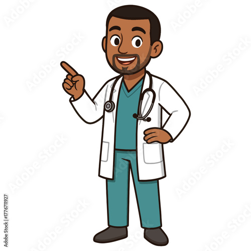 Smiling cartoon african american male doctor character pointing finger up, wearing lab coat and stethoscope, offering guidance