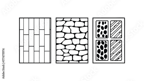 CAD Texture Patterns Collection with Stone, Pebble, Gravel, Wood, and Soil Symbols, Clean Architectural Hatch Set for Landscape Design, Floor Plans, and Technical Drawings