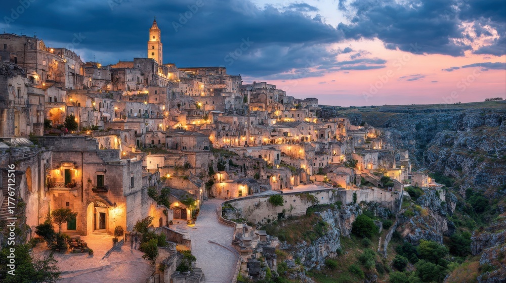 Naklejka premium Matera ancient city evening lights