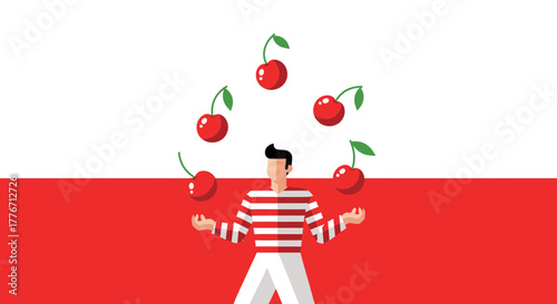 A Person Juggling Delicious Cherries Above a Two-Tone Background with Playful Illustration
