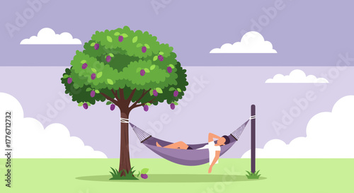 A Person Relaxing Comfortably in a Hammock Beneath a Shaded Tree Vector Illustration