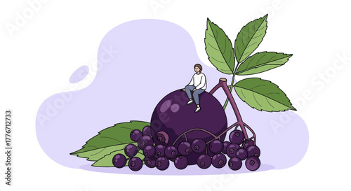 A Person Meditating On a Large Fruit, Illustrated with Vibrant Elements and Aesthetics