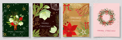 Merry Christmas floral card, posters set with  red bow ribbon, poinsettia, wreath, hellebore, pine, on festive backgrounds. for holiday greetings, invitations, sale, social media, seasonal design.