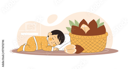 A Sleeping Child Finds Serenity Next to a Wicker Basket Full of Special Fruits