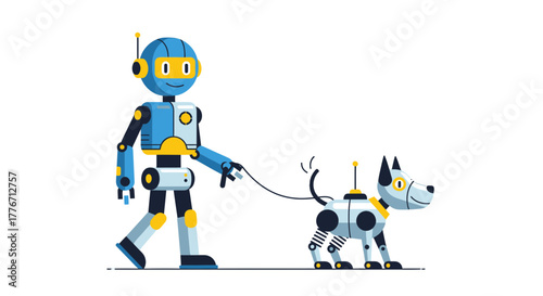 A Robotic Companion Walks Its Automated Pet: A Futuristic Daily Routine Scene Illustration