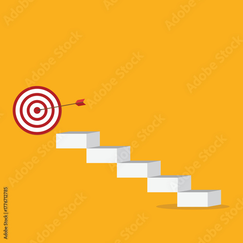 Goal, motivation to success. Climb up stairs to reach goal target on the top.	