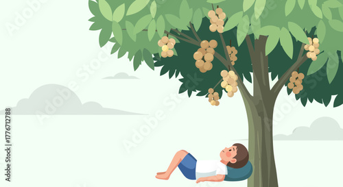 A Young Boy Relaxing Under a Lush Tree, Enjoying the Peaceful Summer Afternoon