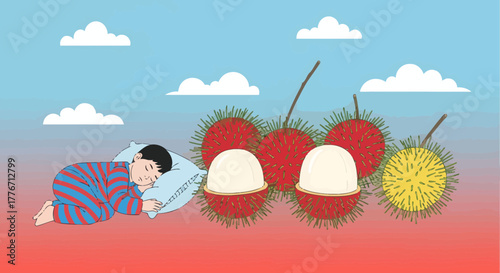 A Young Person Dreaming Of Exotic Fruit Under A Soft, Colored Sky