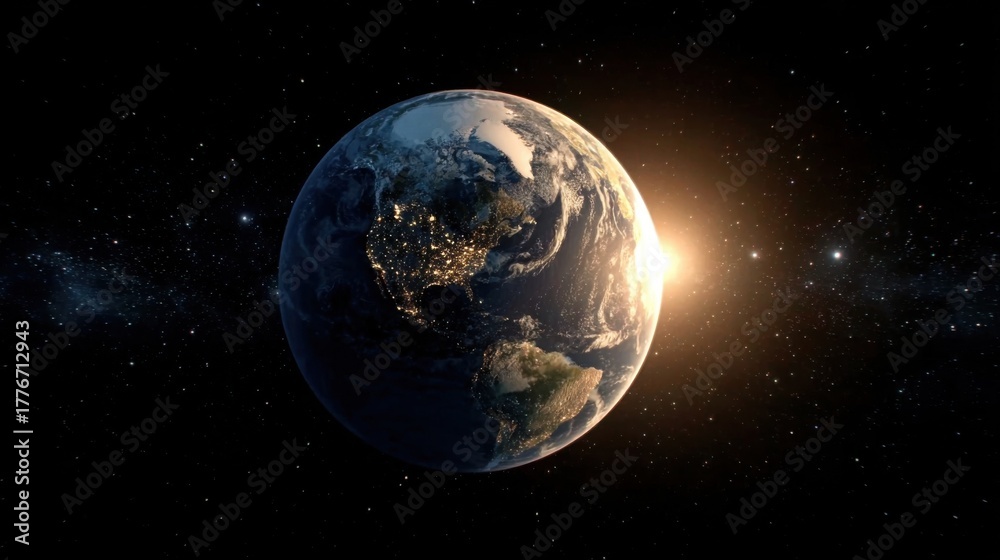 Fototapeta premium Earth global sunrise city lights