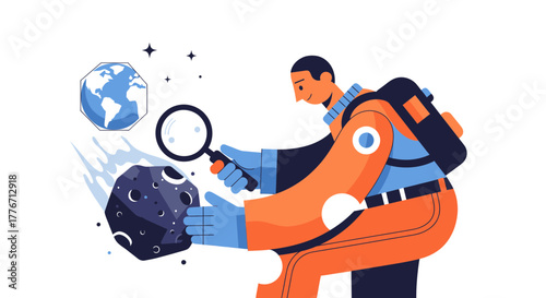 Astronaut Analyzing Cosmic Rock: Exploring Space With Earth Observation and Magnifier