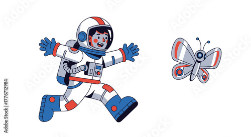 Astronaut Chasing Mechanical Butterfly An Illustration of Space Exploration and Joy