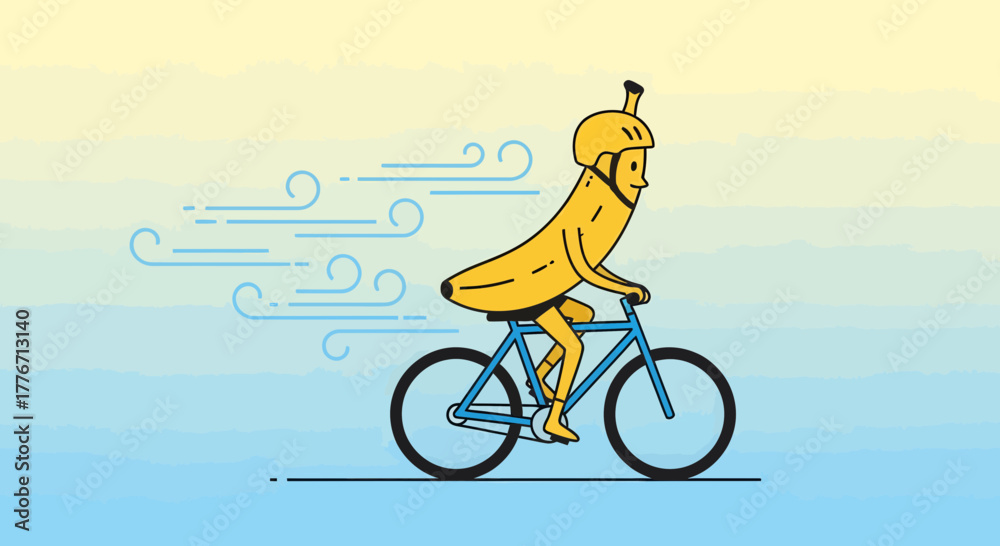 Fototapeta premium Animated Banana On Bicycle With A Protective Helmet Enjoys A Windy Ride Outside