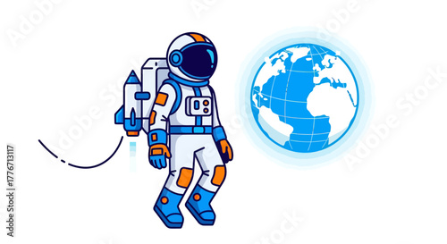 Animated Astronaut Floating In Space Beside A Vivid Earth Planet Design Element