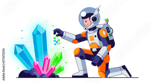 Astronaut Discovering Crystals on an Alien Planet in a Vibrant and Illustrative Style