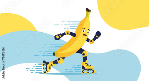 Animated Banana Character Running Enthusiastically on Roller Skates With Joyful Expression