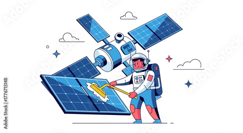 Astronaut Effortlessly Cleans Solar Panel on Satellite in Outer Space Illustrative