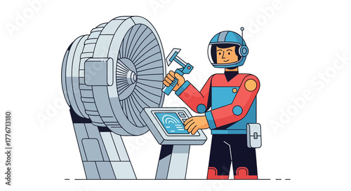Astronaut Engineer Repairing Futuristic Turbine Technology With High-Tech Tools