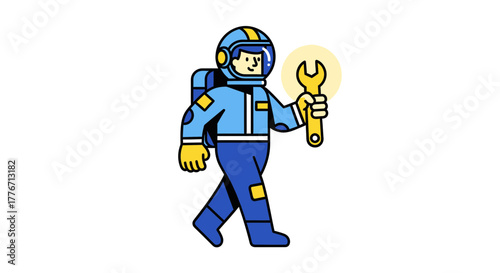 Astronaut Engineer In Blue Uniform Holding A Large Yellow Wrench, Repair Concept Illustration