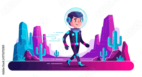Astronaut Explores Desert Scenery: A Colorful Illustration of Space Travel and Discovery