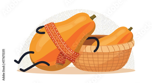 Animated Squash Characters Relaxing Beside Basket Amidst a Cozy Autumn Season Display