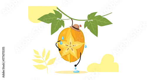 Animated Starfruit Character With Funny Face Hanging From a Green Branch Beautifully Illustrated