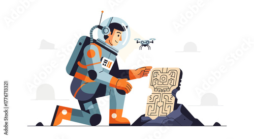 Astronaut Exploring Ancient Artifacts With Drones In A Futuristic Archaeological Expedition
