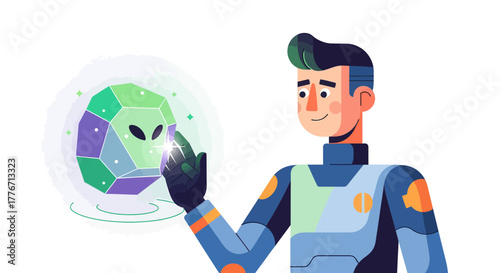 Astronaut Exploring Mysterious Alien Artifacts with Geometric Colorful Abstraction