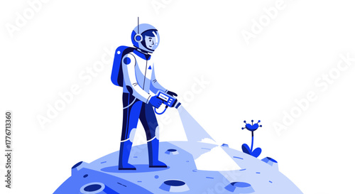 Astronaut Exploring Planetary Surface With Advanced Tool Vector Illustration Art