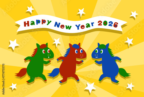 2026年午年のポップな馬の年賀状イラスト
