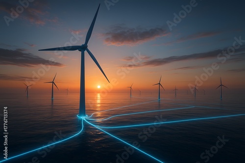 Harnessing the Wind's Power: A mesmerizing scene of offshore wind turbines standing tall against a vibrant sunset sky, as they generate clean energy over the vast ocean. 