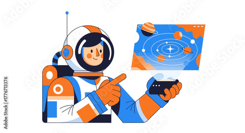 Astronaut Exploring Space Via Holographic Projector Displaying Planetary System Concepts