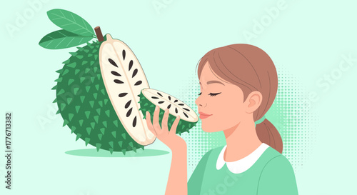 Aromatic Embrace: Woman Relishes The Fragrant Soursop Fruit's Fresh Essence