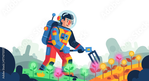 Astronaut Gardening: Cultivating Alien Flora with Futuristic Landscape on a New Planet