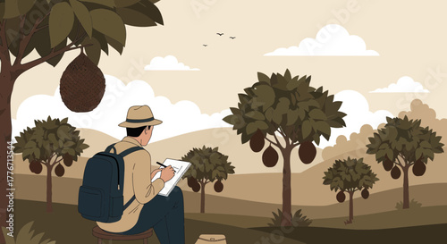 Artist Sketches Nature Scene Featuring Trees, Traveler, Landscape And Creative Pursuit