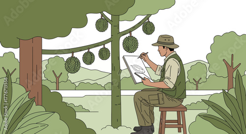 Artist Sketches Exotic Fruit in Orchard Surrounded by Lush Greenery and Natural Beauty