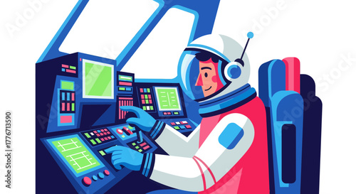 Astronaut In A Spacecraft Cockpit Operating Complex Mission Control Systems Graphics