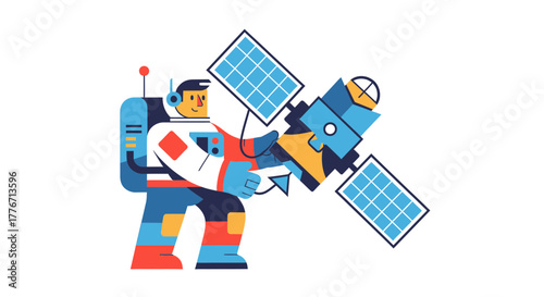 Astronaut In Orbit With Satellite Maintenance And Space Exploration Illustration