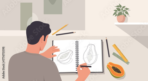 Artist Sketching Papaya Fruit In A Notebook With Ruler And Pencils On A Table