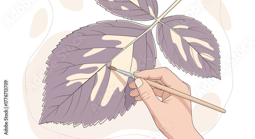 Artistic Illustration Depicting Hand Painting Design On A Leaf: Botanical Study
