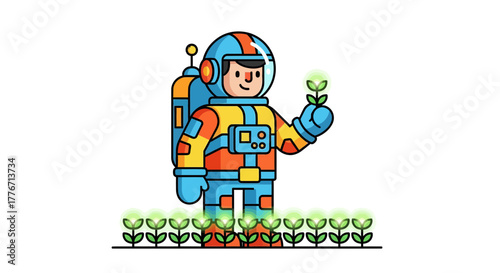 Astronaut Planting Glowing Flowers Representing Futuristic Gardening and Exploration