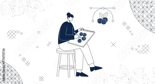 Artistic Illustration of a Drafter Sketching Berries on a Sketchbook for Design Purpose