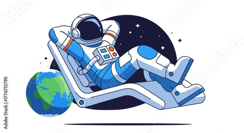 Astronaut Relaxing In Space Gazing At Earth With Modern Vector Illustration Design
