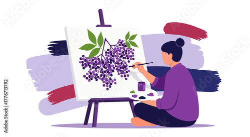 Artistic Woman Painting a Branch of Berries on Canvas with Color Splashes